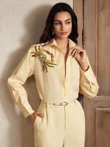 Anewsta Chemise décontractée à manches longues boutonnée simple avec motif crabe pour femmes - Jaune citron - Voir 1