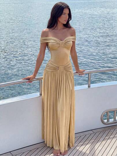 Swim Oasis Women's Spring/Summer Sexy Solid Color Shimmer Comfortable Glossy Fabric Elegant Off-Shoulder Wedding Lawn Vacation Beach Party One-Piece Swimsuit + Matching Mesh Skirt