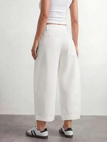 SHEIN PETITE Women's Solid Color Pleated Casual Versatile Daily Travel Long Pants - White - View 3