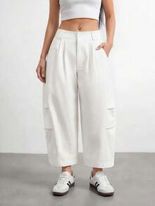 SHEIN PETITE Women's Solid Color Pleated Casual Versatile Daily Travel Long Pants - White - View 5