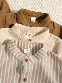 SHEIN Kids 3pack Young Boy Casual Striped Long Sleeve Shirts (Beige Colorblock, 3pcs) - Suitable For Daily Wear, Autumn And Back To School Season - Multicolor - View 4