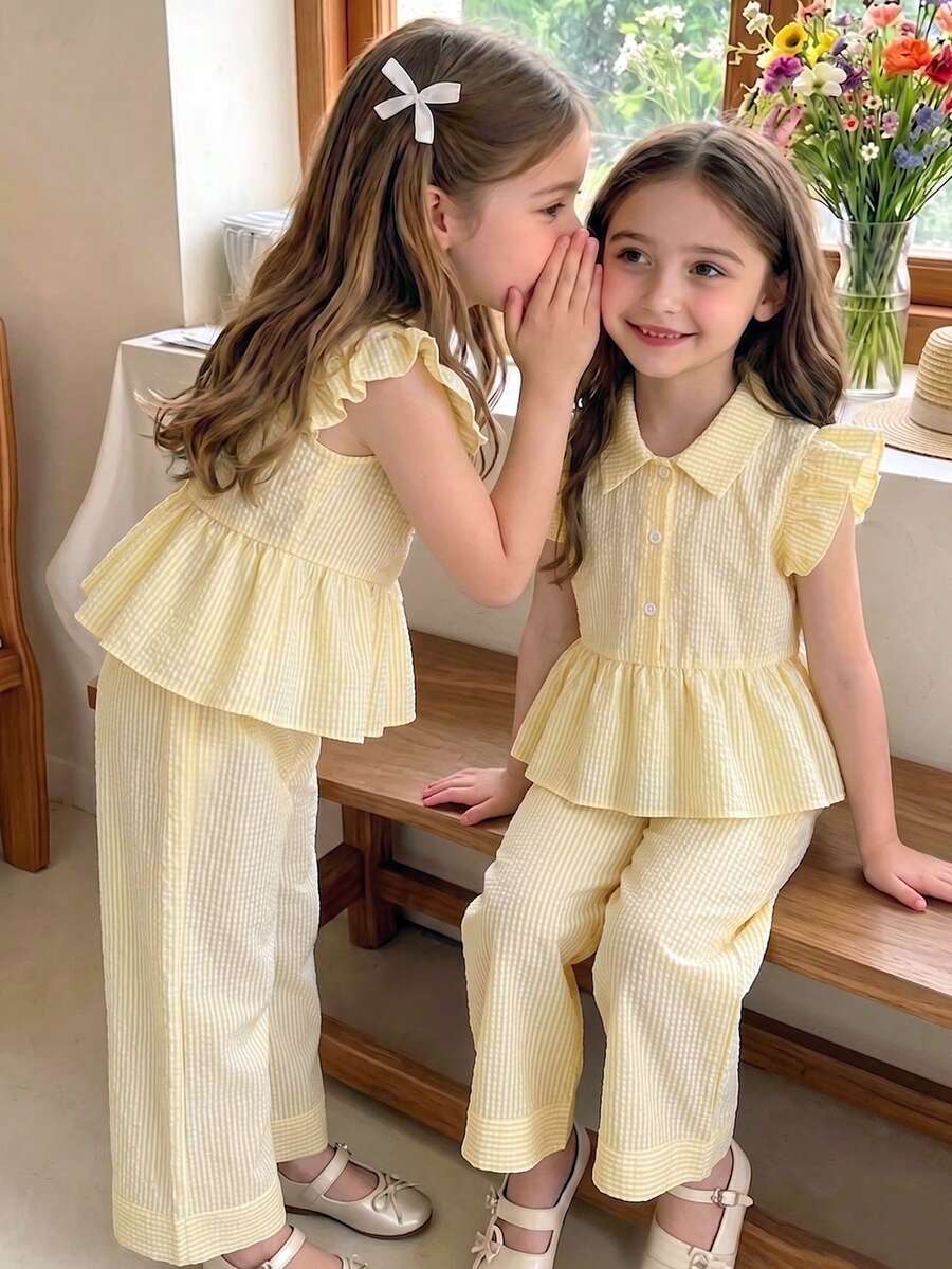 Elladie kids 女童夏季新款简约喇叭袖蝴蝶结装饰露背条纹衬衫搭配直筒短裤套装,休闲通勤甜美装扮 - 黃色 - 查看 1