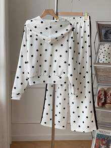 Comfortcana Women's Polka Dot Print Hoodie & Pants 2 Pieces Set - White - View 2