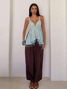 SHEIN Glamour 新款細肩帶淺藍色下擺流蘇女款上衣，休閒優雅穿搭，適合夏季度假、春季外出與派對 - 藍色 - 查看 5