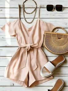 EMERY ROSE Women's Summer Casual Solid Color Off-Shoulder Jumpsuit - Apricot - View 6