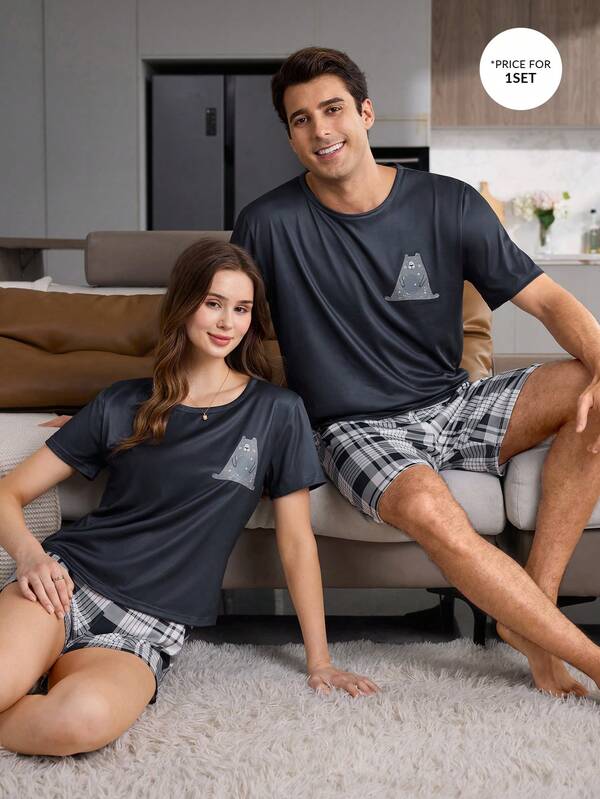 CoupledUp Conjunto de pijama de manga corta & pantalones cortos para hombre con estampado de oso lindo y pantalones a cuadros