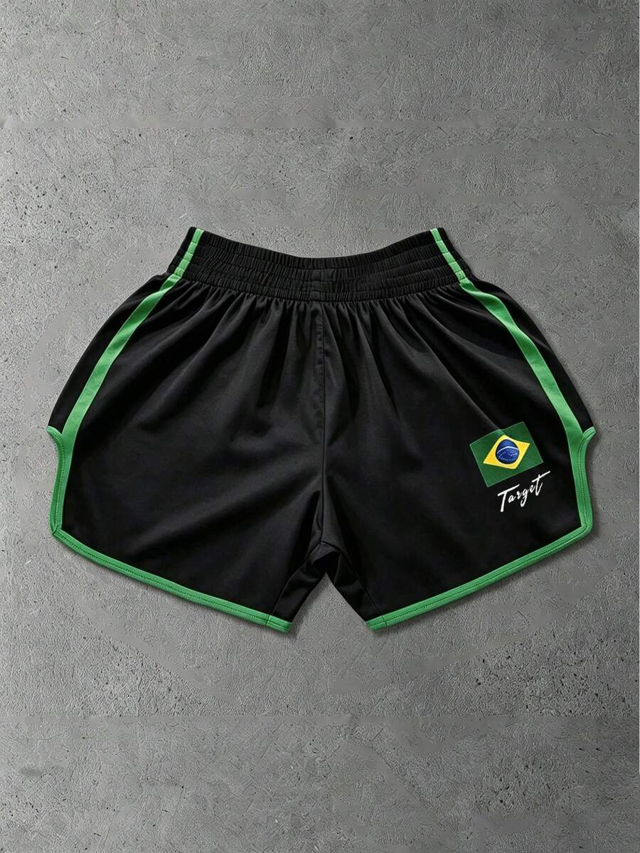 ROMWE MEN Street Life Men's Brazil Colorway Striped Contrast Boxing Shorts - Black - View 1