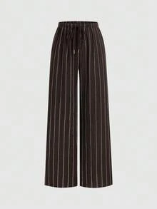 Sweetra 女款休閒條紋直筒長褲 日常居家深棕色秋季 - 棕色 - 查看 1
