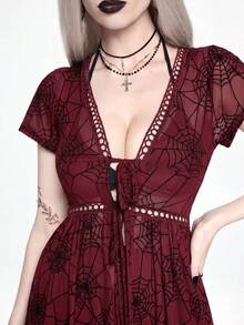 ROMWE Goth 春夏度假海灘風深色哥德風透視蜘蛛網前開襟襯衫 - 紅色 - 查看 4