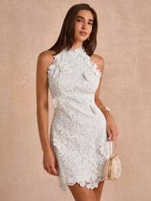 Enchnt Premium Summer Romantic Women's Elegant White Short Lace Floral Elegant Dress,Graduation Dress,Wedding Dress,Vacation Dress,Festival Outfits - White - View 2