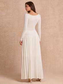 Enchnt Women's Elegant Long Sleeve Contrast Lace Knit Dress - White - View 6