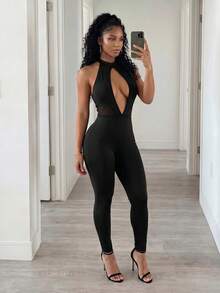 BamGleam Spring Summer Casual Halloween Daily Party Elegant Sexy Black Lace Splicing Cut-Out Women's Jumpsuit Romper Club Night Out - Black - View 6