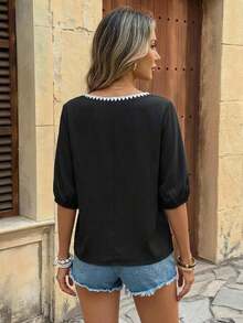 SHEIN LUNE Women's Pure Cotton Shell Lace Embroidered 3/4 Sleeve Black And White Checkered Blouse Vacation Summer Casual - Black - View 4