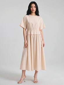 Ontre 女款杏色夏季休閒度假 A 字連身裙，圓領 3/4 袖抽繩收腰，柔軟莫蘭迪色，附口袋與下擺拼接設計 - 卡其色 - 查看 2