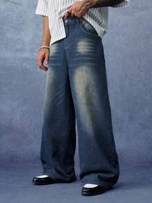 PAVTROS Men's Casual Washed Wide Leg Jeans - Dark Wash - View 4