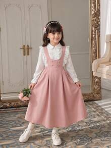 SHEIN Girls Arabic Elegant Princess School Uniform Ruffle Lace Blouse & Dress,Back-To-School,Cute,Vacation - Pink - View 9