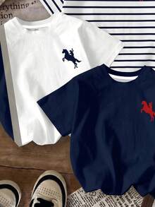 小男孩 T-Shirt 3件組，適合春夏，經典復古酷色塊拼接圖案印花、經典條紋圖案印花、精緻騎士小馬 Logo 圖案印花，開學季完美選擇 - 彩色 - 查看 4