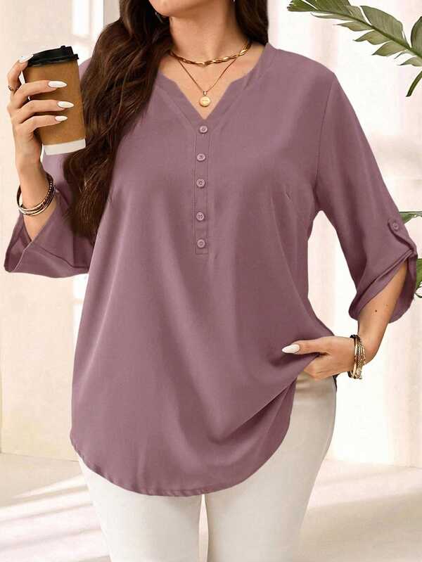 EMERY ROSE Blusa de uso diario casual con cuello en V con muesca de unicolor para mujer de talla grande