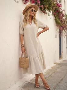EMERY ROSE Khaki Women's V-Neck Ruffle Hem Short Sleeve Dress - Khaki - View 4