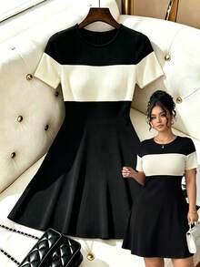 Easura Plus Size Summer Casual Colorblock Patchwork Dress Holiday Black - Multicolor - View 4