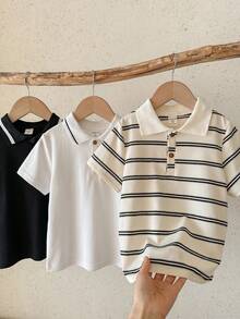 SHEIN 兒童青少年男孩買2送1，3件組休閒運動學院風翻領 Polo 衫，條紋 Polo 衫、卡其色 Polo 衫、黑色 Polo 衫 3 件套，適合返校、日常穿著舒適，適用於學校、旅行 - 彩色 - 查看 5