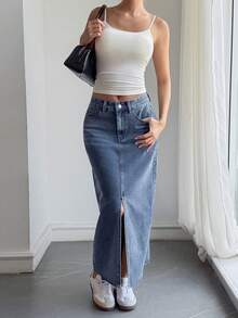 DAZY Distressed Washed Split Hem Straight Long Skirt Casual Vacation Spring Autumn Women's Denim Skirt School - Blue - View 6