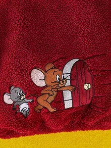 TOM & JERRY X SHEIN Tween Girl Cartoon Pattern Teddy Fleece Hooded Jacket - Burgundy - View 8