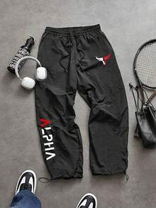 Sport MetroGents Men's Plus Size Letter Print Drawstring Waist Sports Pants - Black - View 1