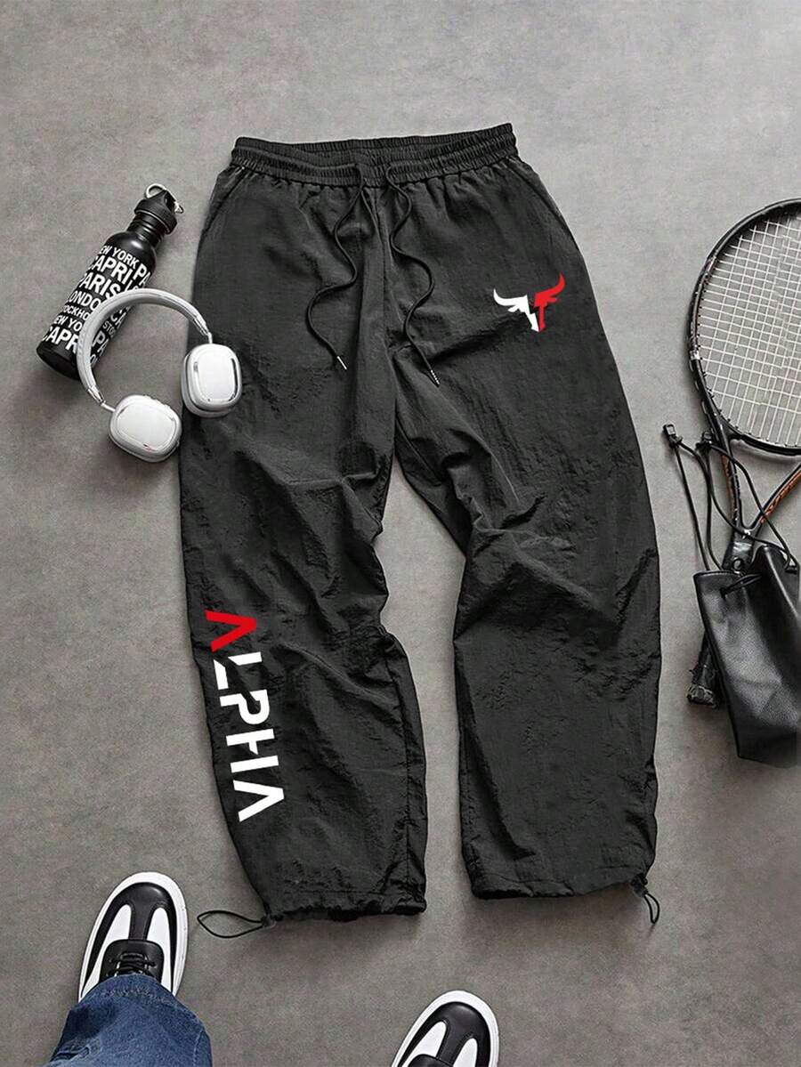 Sport MetroGents Men's Plus Size Letter Print Drawstring Waist Sports Pants - Black - View 1