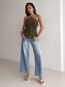 Aloruh Atasan Wanita Elegan Romantis Model Halter Neck dengan Ruffle Berlapis-lapis Warna Hijau Army untuk Liburan Pantai dan Kencan. - Hijau Tentara - View 9