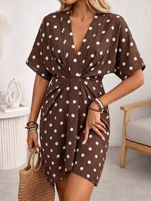 Wandoria Women's V-Neck Ruched Waist Layered Ruffle Cap Sleeve Short Sleeve Romantic Polka Dot Coffee Brown Base Short Dress French Elegant Sophisticated Formal Office Commute Casual Beach Vacation Beach Style Minimalist Afternoon Tea Party Home Leisure Comfortable Bohemian Style Summer Dress - Coffee Brown - View 5