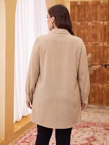 Lacomfia Plus Size Women Solid Color Contrast Lace Long Sleeve Single-Breasted Blouse - Apricot - View 2