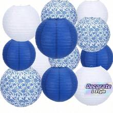 12pcs Blue And White Porcelain Design Chinese Traditional Pattern Paper Lanterns, Suitable For Weddings, Birthdays, Festivals, Parties, And Home Decor - multicolor - View 1