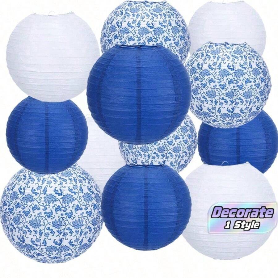 12pcs Blue And White Porcelain Design Chinese Traditional Pattern Paper Lanterns, Suitable For Weddings, Birthdays, Festivals, Parties, And Home Decor - multicolor - View 1