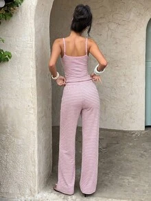 Aloruh 女款休閒居家條紋細肩帶背心與長褲套裝 - 粉色 - 查看 8