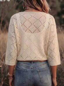 SHEIN Holidaya Cardigan Rajut Wanita Warna Polos Lengan 3/4 dengan Simpul Pinggang dan Lubang di Bagian Dalam - Aprikot - View 2