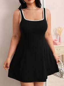 CovetEZ Spring/Summer New Contrast Trim Square Neck A-Line Casual 90s Plus Size Mini Dress Date Night Black And White - Black and White - View 4