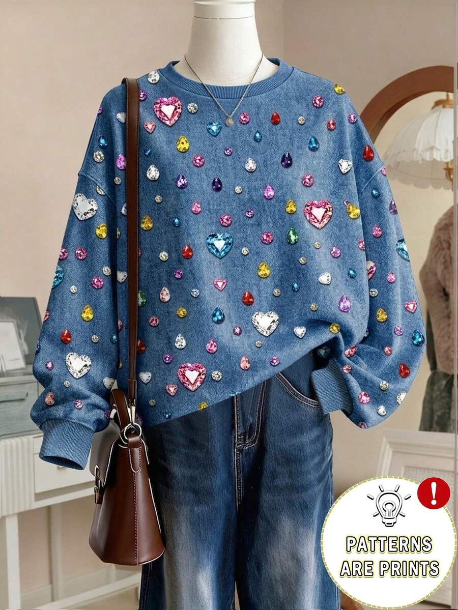 SHEIN 1件青少年女孩圓領彩色亮片裝飾仿寶石數位印花抓絨衛衣,適合秋冬,休閒日常,返校穿著,簡約舒適 - 玫紅色 - 查看 1