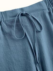SHEIN PETITE CURVE Setelan 2 Potong Gaya Prancis Ukuran Besar, Celana Linen Kasual dengan Pinggang Elastis, Nyaman dan Serbaguna, Cocok untuk Pakaian Sehari-hari, Liburan, dan Perjalanan Musim Gugur - MultiWarna - View 7