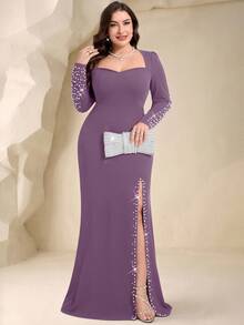 Coutiva Gaun Malam Formal Ukuran Plus Elegan dengan Hiasan Manik-Manik Mutiara Imitasi dan Belahan (Gaya Pengerjaan Berat) - Dusty Purple - View 3