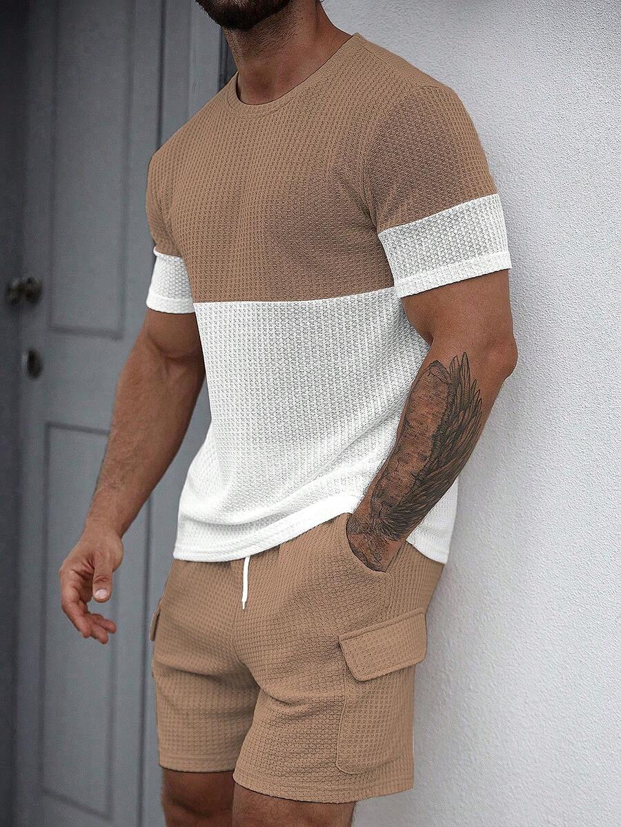 Manfinity CasualCool Men's Colorblock Crew Neck Short Sleeve T-Shirt And Drawstring Waist Shorts Casual Set - Multicolor - View 1