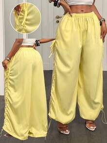 BamGleam Women's Casual Street Loose Drawstring Pocket Long Pants Vacation Light Yellow Autumn - Black - View 2