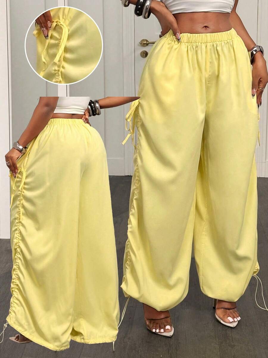 BamGleam Women's Casual Street Loose Drawstring Pocket Long Pants Vacation Light Yellow Autumn