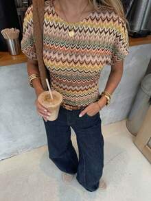 Serisse Chic Boho Striped Beige Knit Hollow Out Tee Summer Vacation - Multicolor - View 4