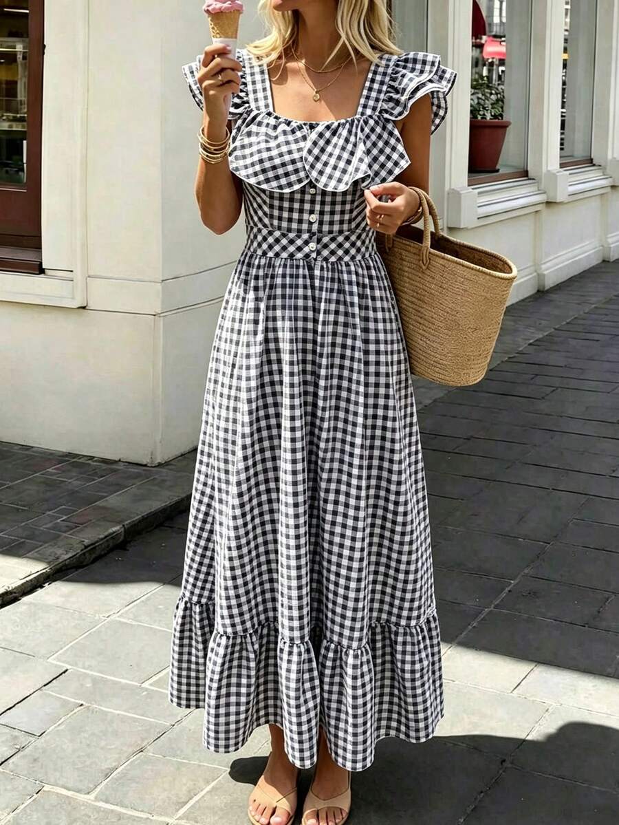SHEIN PariChic Women's Summer Plaid Ruffle Waist Button Vacation Dress, Mature Style For Office And Casual Wear - Black and White - View 1