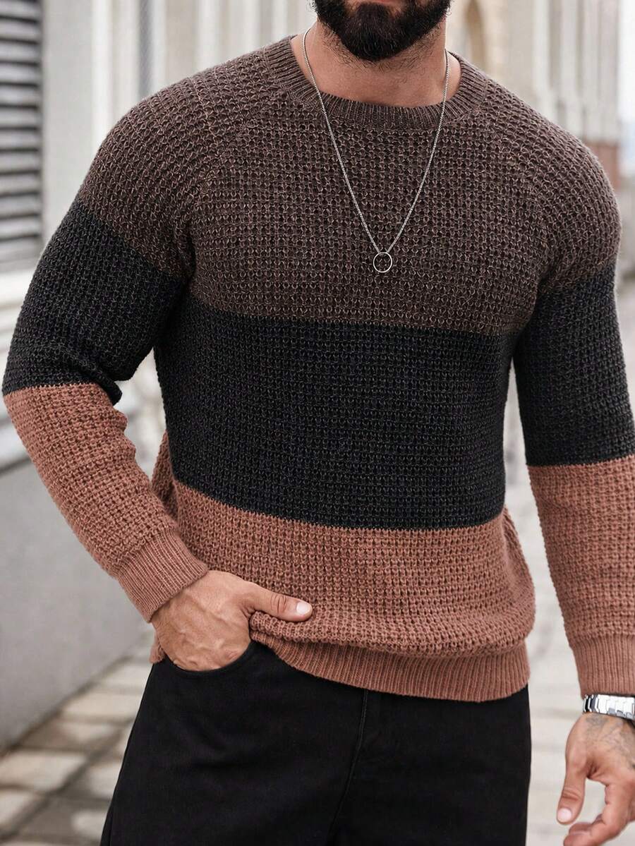 Manfinity Homme 男士秋冬休閒優雅街頭風拼色拼接針織衫,適合夜店派對、外出、度假假期,黑色格紋 - 黑色 - 查看 1