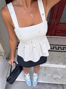MainGRL 女款碎花荷葉邊吊帶上衣 夏季海灘休閒外出上衣 度假上衣鄉村音樂會白色上衣 - 深色水洗藍 - 查看 6