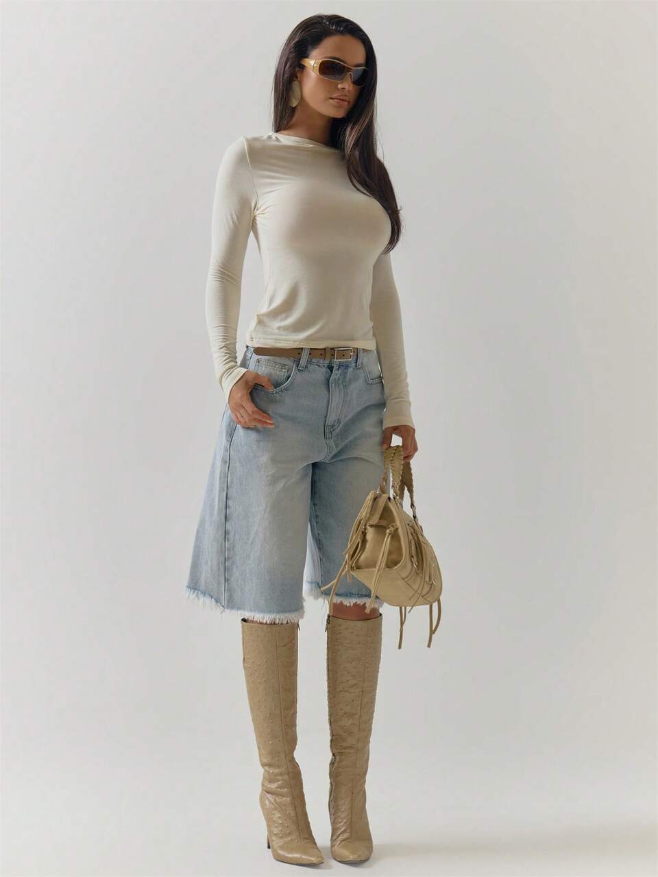 White Cotton Open Shoulder Asymmetric Neck Fitted Long Sleeve Top Casual Day Winter Top