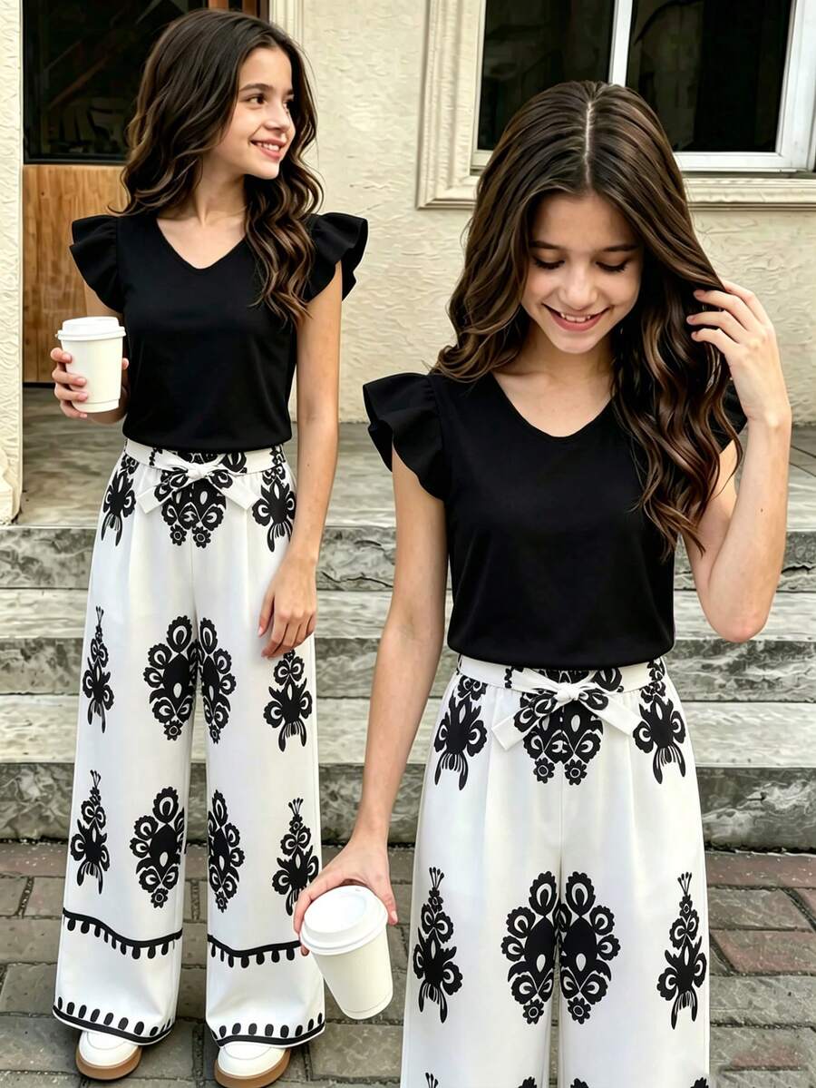 SHEIN Sparklyn Teen Girl Spring/Summer Beach Vacation Style Solid Color V-Neck Ruffle Armhole Top And Floral Satin Print Wide Leg Long Pants Set - Multicolor - View 1