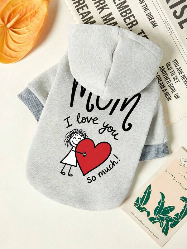 PETSIN قطعة واحدة هودي حيوانات أليفة مطبوع عليه رسمة فتاة صغيرة تحمل قلب أحمر وحرف MOM باللون الرمادي الفاتح، ناعم ومريح وسميك ودافئ